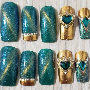 Long Square press on nails " Rich Green "